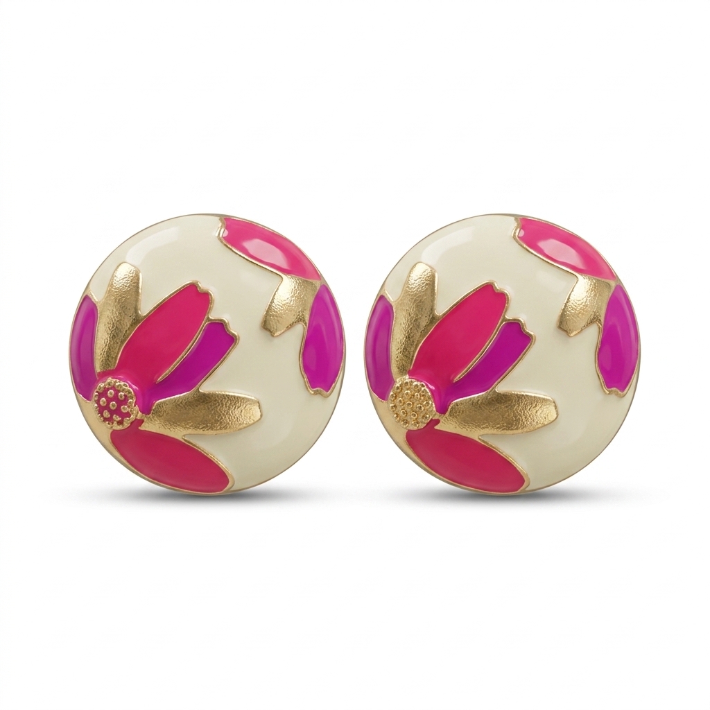 Pink Blossom Enamel Stud Earrings - Fashion Wholesale Jewelry
